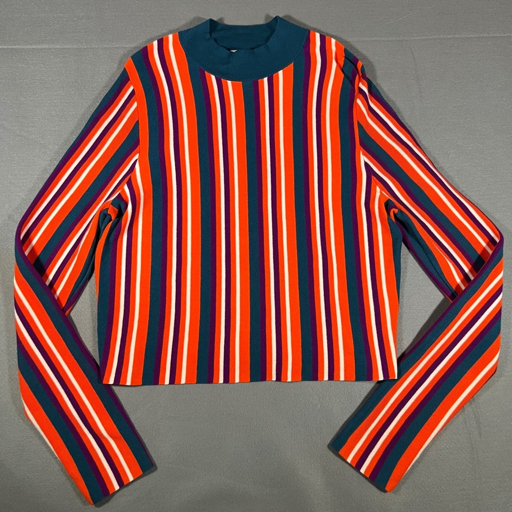 Victor Glemaud Women's Striped Mock Neck Long Sleeve Knit Crop Top - L
